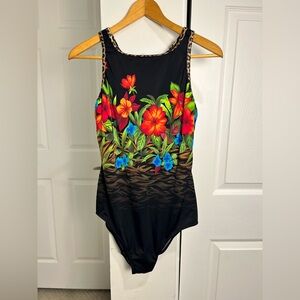 Beach Native One-Piece Swimsuit Tropical Floral & Leopard Lined Edges Size 18